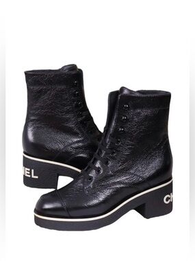 CHANEL 21C Shiny Crumpled Lambskin Patent Lace Up Ankle Short Heel Boots